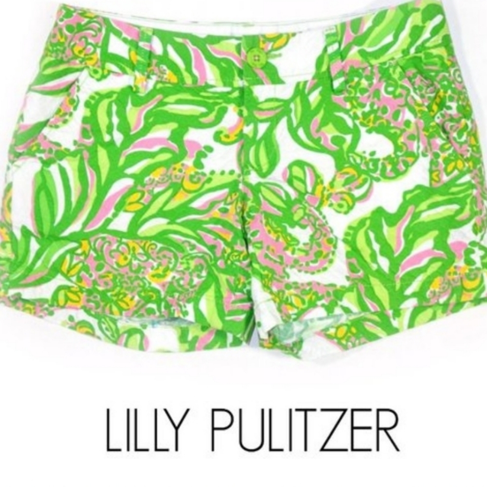 Lilly Pulitzer Callahan Seeing Pink Elephant zip fly button front Shorts…